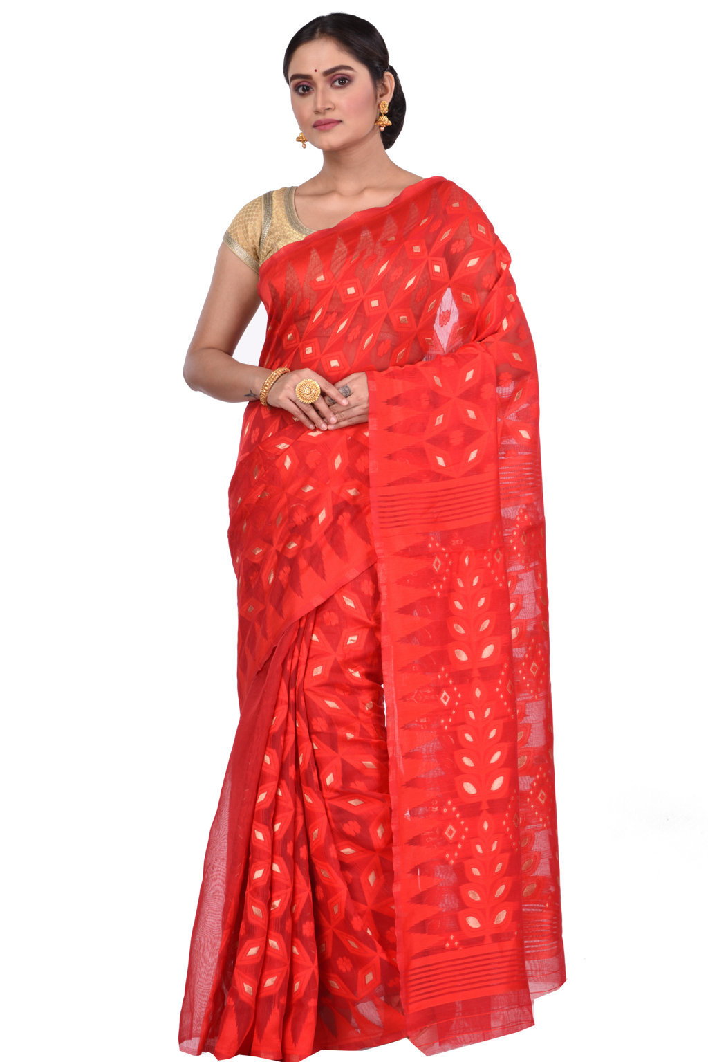 Red Pure Cotton Minakari_Jmdni Jamdani Saree (696)
